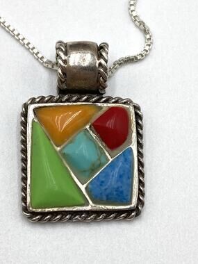 925 Sterling Silver Pendant Gemstone Inlay Mosaic Chain 17” 5.03g